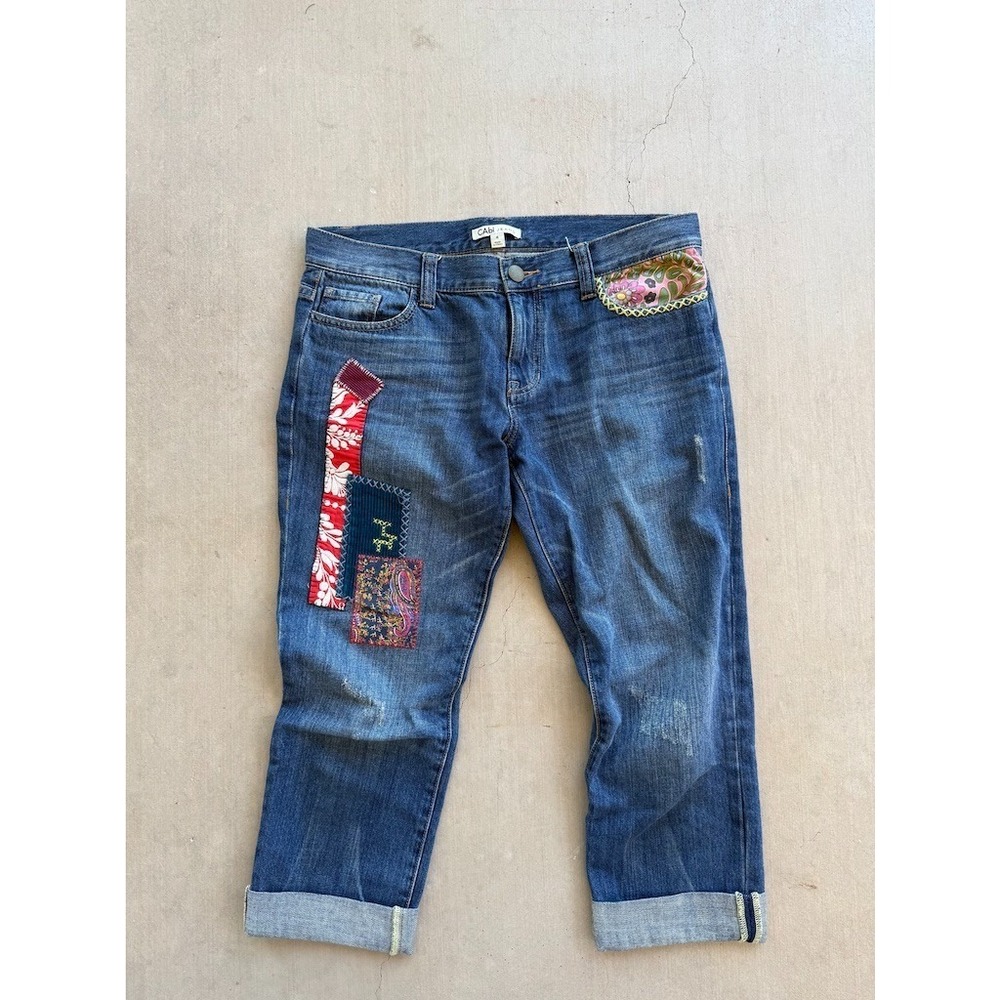 CAbi Patchwork Cropped Jeans Womens 34" Waist Boho Embroidered Capri Denim Y2K
